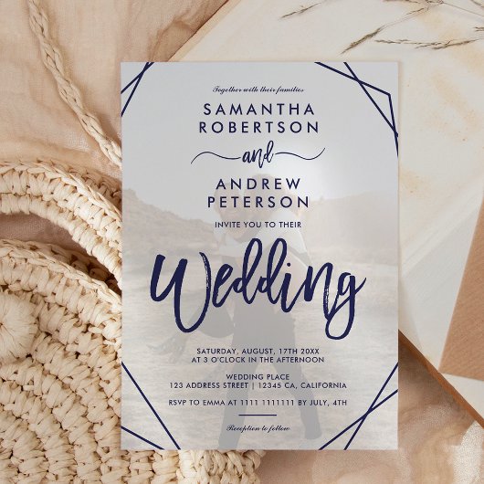 ネイビーブルーフレームシンプルフォトスクリプ結婚ト 招待状