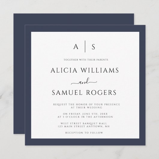 ネイビーブルーフレームモノグラム結婚式招待状 招待状 (正面/裏面)
