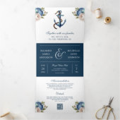 ネイビーブルーフローラいかりすべて1つのQRコード結婚で 三つ折り招待状 (内部)