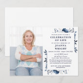 ネイビーブルーフローラお祝いのライフ葬儀の写真 招待状 (正面/裏面)