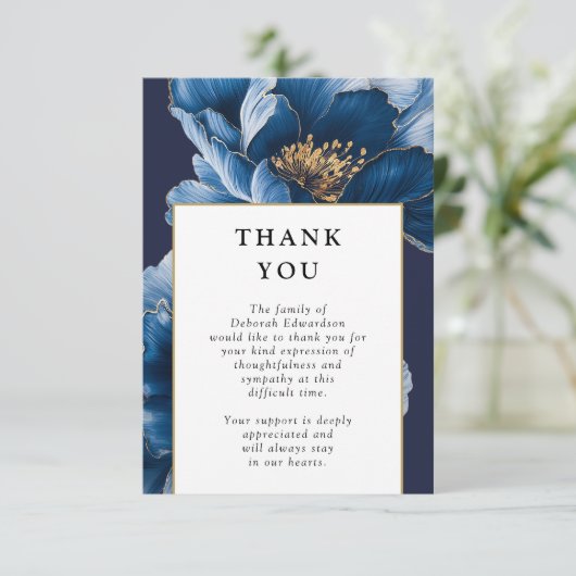ネイビーブルーフローラお祝いの葬式 サンキューカード (スタンド正面)