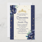 ネイビーブルーフローラと金ゴールドティアラキンセアニェラ 招待状 (正面)