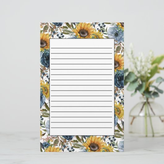 ネイビーブルーフローライエローサンフラワーズホワイトライニングSta 便箋 (スタンド正面)
