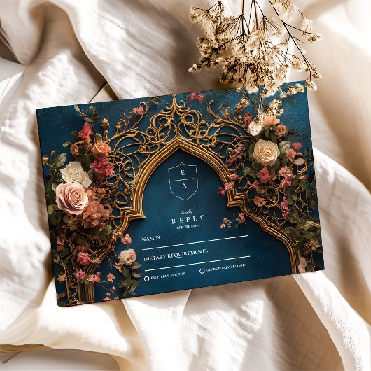 ネイビーブルーフローライスラーム結婚ズ 出欠カード