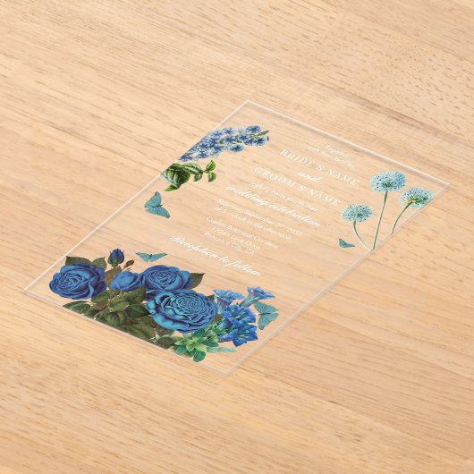 ネイビーブルーフローラウォーターカラーエレガントな結婚式 アクリル招待状 (レイダウン)