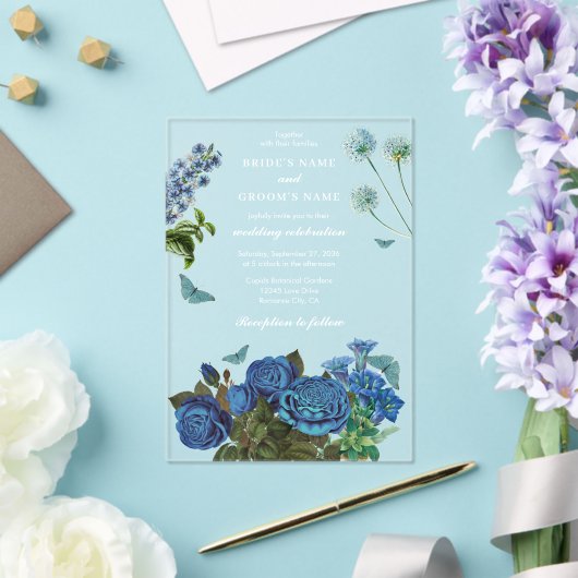 ネイビーブルーフローラウォーターカラーエレガントな結婚式 アクリル招待状 (インサイチュ (ウェディング))