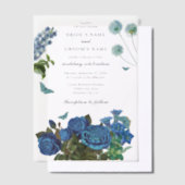 ネイビーブルーフローラウォーターカラーエレガントな結婚式 ベラム紙招待状 (オフセット)