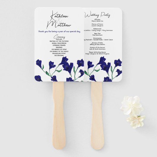 ネイビーブルーフローラウォーター結婚カラー ハンドファン (正面&裏面)