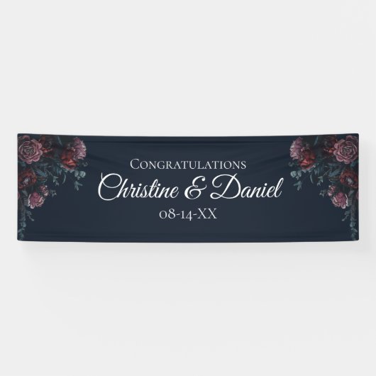 ネイビーブルーフローラエレガントウェディング 横断幕 (横)