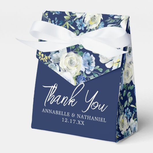 ネイビーブルーフローラエレガント夕べウィンターウェディング フェイバーボックス (正面サイド)