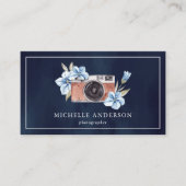 ネイビーブルーフローラカメラQRコードフォトグラファー 名刺 (正面)