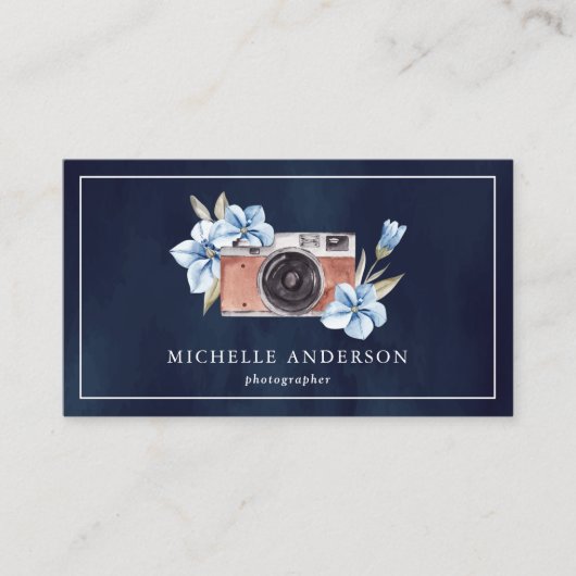 ネイビーブルーフローラカメラQRコードフォトグラファー 名刺 (正面)
