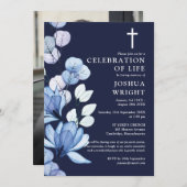 ネイビーブルーフローラキリスト教記念葬儀写真 招待状 (正面/裏面)