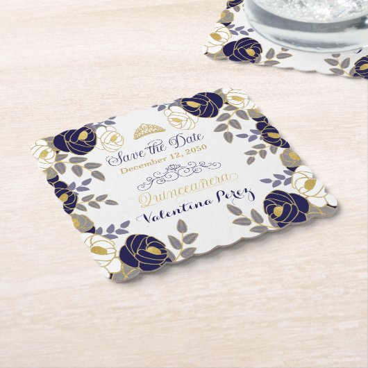 ネイビーブルーフローラキンセアニェラ保存日 ペーパーコースター (アングル)