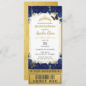 ネイビーブルーフローラキンセアニラスイート16 VIPチケット 招待状 (正面/裏面)