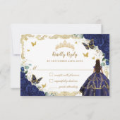 ネイビーブルーフローラキンセアニラプリンセスクラウン金ゴールド 出欠カード (正面)