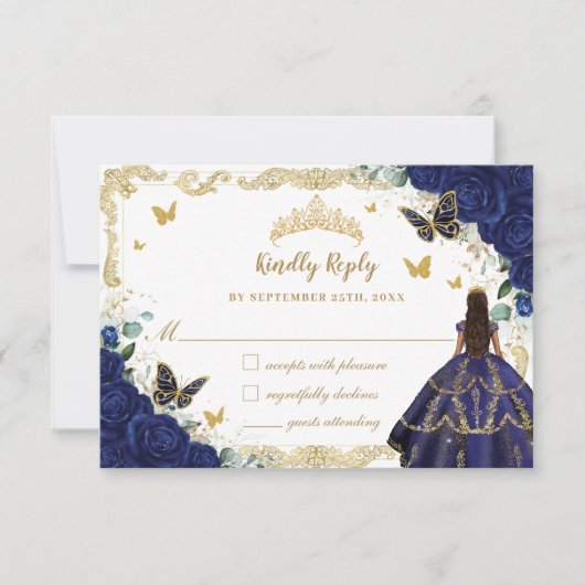 ネイビーブルーフローラキンセアニラプリンセスクラウン金ゴールド 出欠カード (正面)