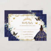 ネイビーブルーフローラキンセアニラプリンセスクラウン金ゴールド 出欠カード (正面/裏面)