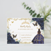 ネイビーブルーフローラキンセアニラプリンセスドレス金ゴールド 出欠カード (スタンド正面)