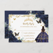 ネイビーブルーフローラキンセアニラプリンセスドレス金ゴールド 出欠カード (正面/裏面)