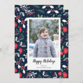 ネイビーブルーフローラクリスマスフォトカード シーズンカード (正面/裏面)