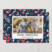 ネイビーブルーフローラクリスマスフォトカード シーズンカード (正面/裏面)