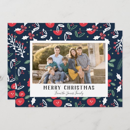ネイビーブルーフローラクリスマスフォトカード シーズンカード (正面/裏面)