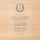 ネイビーブルーフローラクレストモノグラム結婚ズエレガント アクリル招待状 (正面)