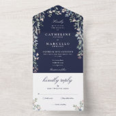 ネイビーブルーフローラグリーンリー結婚カスケード オールインワン招待状 (内側)