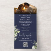 ネイビーブルーフローラグリーンQRコード結婚の写真 オールインワン招待状 (内側)