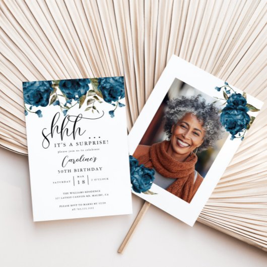 ネイビーブルーフローラサプライズ誕生日パーティー 招待状