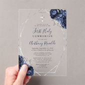 ネイビーブルーフローラシルバーフレーム第1聖餐式 アクリル招待状 (インサイチュ (ポータブル))