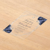 ネイビーブルーフローラシルバーフレーム第1聖餐式 アクリル招待状 (レイダウン)