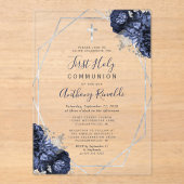 ネイビーブルーフローラシルバーフレーム第1聖餐式 アクリル招待状 (正面)
