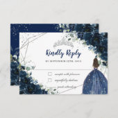 ネイビーブルーフローラシルバープリンセスキンセアニラ返信 出欠カード (正面/裏面)