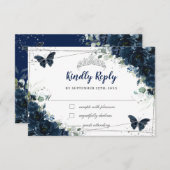 ネイビーブルーフローラシルバー蝶キンセニェラ 出欠カード (正面/裏面)