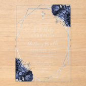 ネイビーブルーフローラシルバーGeo First Holy Communion アクリル招待状 (正面)