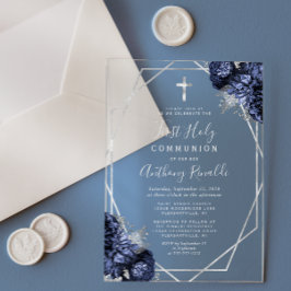 ネイビーブルーフローラシルバーGeo First Holy Communion アクリル招待状