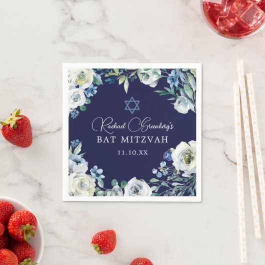 ネイビーブルーフローラスターオブデイビッドバルミツワーパーティー スタンダードカクテルナプキン (インサイチュ)