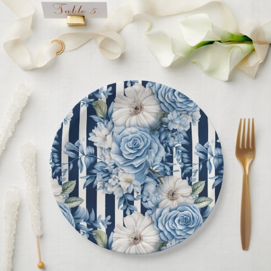 ネイビーブルーフローラストライプブライダルシャワー ペーパープレート (ウェディング)