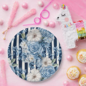 ネイビーブルーフローラストライプブライダルシャワー ペーパープレート (パーティー)