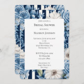 ネイビーブルーフローラストライプブライダルシャワー 招待状 (正面/裏面)