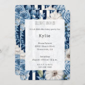 ネイビーブルーフローラストライプ誕生日 招待状 (正面/裏面)