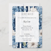 ネイビーブルーフローラストライプ誕生日 招待状 (正面)