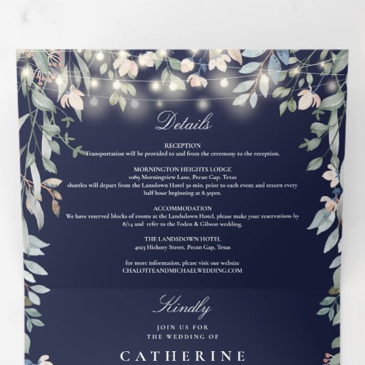 ネイビーブルーフローラストリングライトフォト結婚ズ 三つ折り招待状 (内部最初)