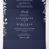 ネイビーブルーフローラストリングライトフォト結婚ズ 三つ折り招待状 (内部中)