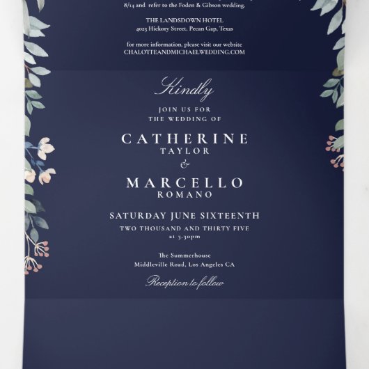 ネイビーブルーフローラストリングライトフォト結婚ズ 三つ折り招待状 (内部中)