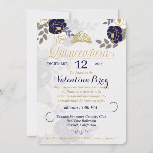 ネイビーブルーフローラスペインのキンセアニェラと写真 招待状 (裏面)