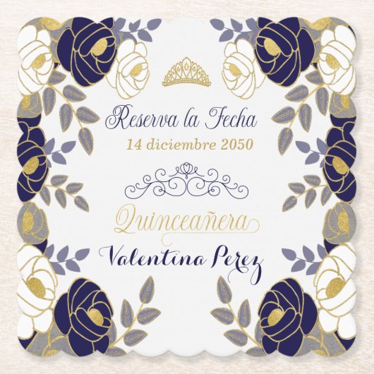 ネイビーブルーフローラスペインのキンセアニェラ保存日 ペーパーコースター (正面)