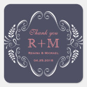 ネイビーブルーフローラスワールカール結婚式の引き出物シール スクエアシール (正面)